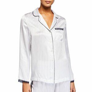 Neiman Marcus Women's White Striped Lace-Trim Silk Pajama TOP